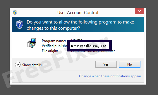 Screenshot where KMP Media co., Ltd appears as the verified publisher in the UAC dialog